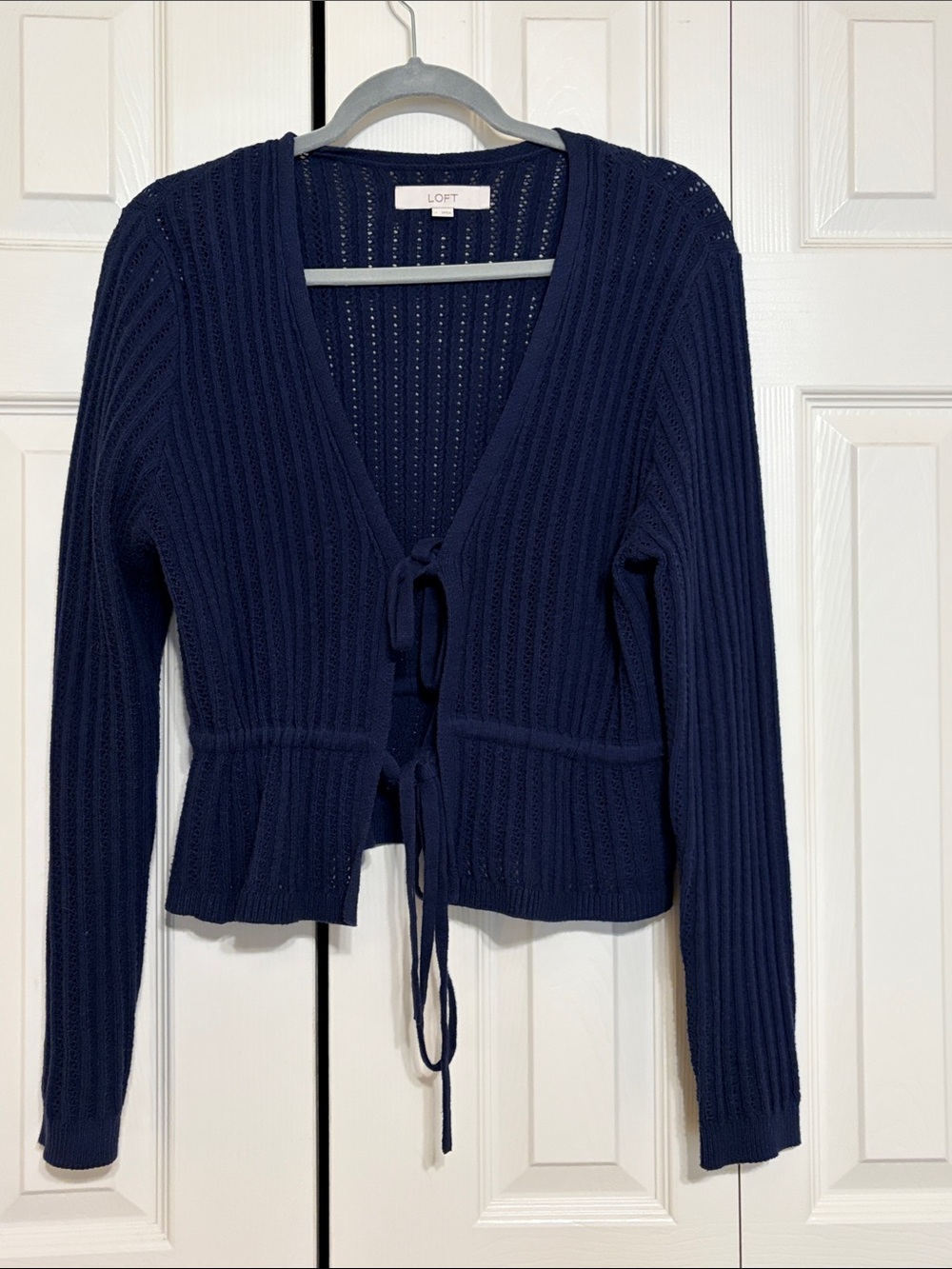 LOFT Navy Knit Tie-Front Cardigan Sweater - Size L - Excellent Condition